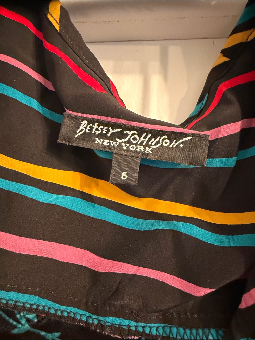 Betsey Johnson Black Floral Stripe Ruffle Midi Dress with Multicolor Accents - Picture 4 of 4